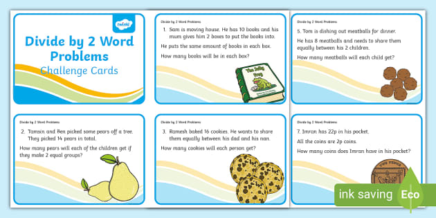 👉 Divide by 2 Word Problems Challenge Cards - Twinkl