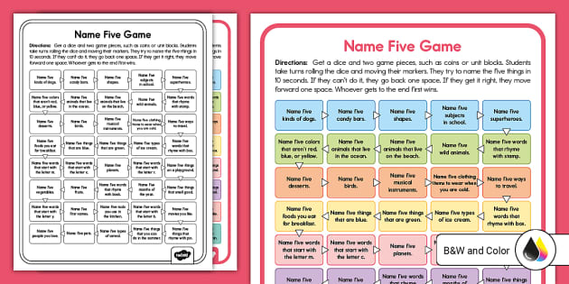 Name Five Game for K-2nd Grade (teacher made) - Twinkl