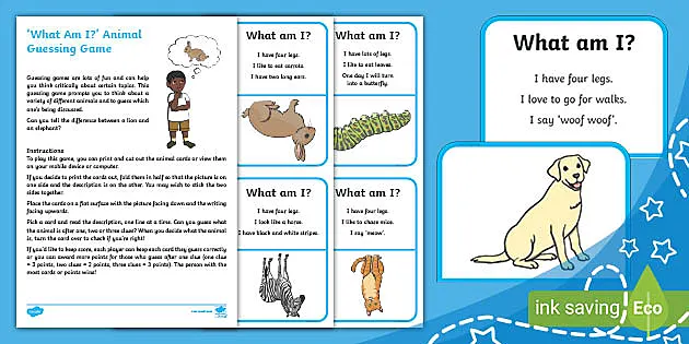 What Am I? Wild Animals Guessing Game Cards (teacher made)