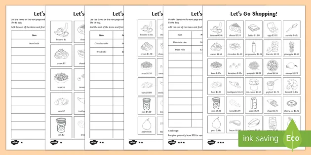 Shopping List Maths Worksheets | Year 3-4 Australia | Twinkl