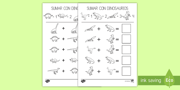 Fichas: Sumas con imágenes de los dinosaurios | Infantil
