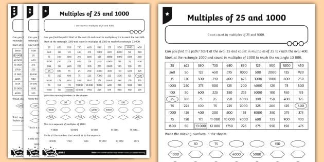 Multiples of 25 and 1000 Differentiated Worksheet - Twinkl