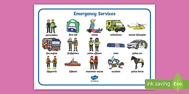 Emergency Services Word Mat (teacher made) Twinkl