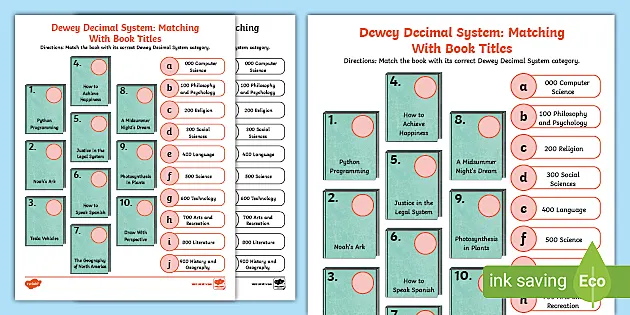 dewey decimal system challenge matching activity with book titles