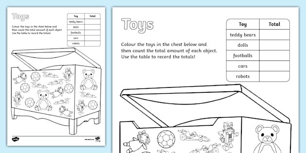 Toys Colour and Count Worksheet (teacher made) - Twinkl