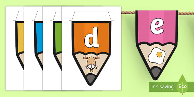 Phase 2 to 5 Phonemes with Images Pencil Bunting - Twinkl