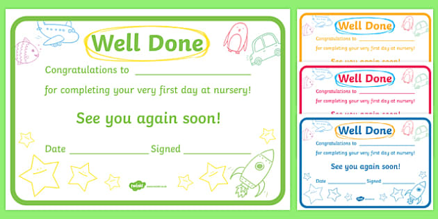 First Day At Nursery Award Certificates (teacher made)