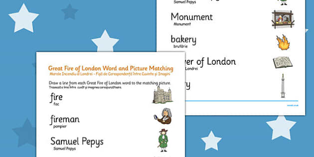 The Great Fire of London Word and Picture Matching Worksheet Romanian