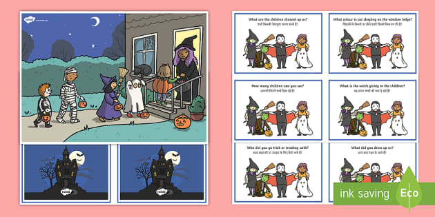 Halloween Scene and Question Cards English/Hindi - Twinkl Halloween Scene and Question Cards English/Hindi - Twinkl