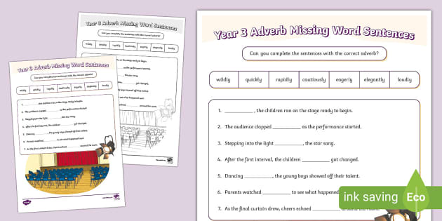 Year 3 Adverbs Missing Word Sentences (teacher made)