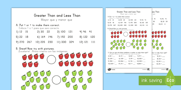 greater than and less than worksheets english spanish greater than less than