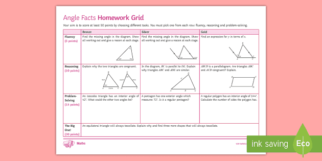 Angle Facts Worksheet: Homework Grid, KS3 Maths