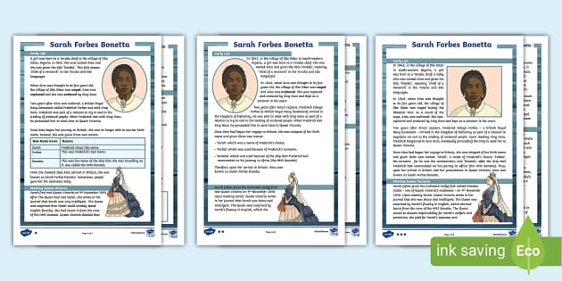 UKS2 Sarah Forbes Bonetta Differentiated Reading Comprehension Activity 