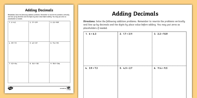 Adding Decimals Worksheet | Resource | Twinkl USA - Twinkl