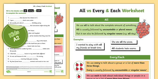 ESL All vs Every & Each Activity Sheet [Kids, A2]