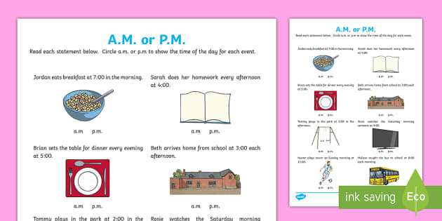What Is Pm And Am Time Worksheet Morning Afternoon Day