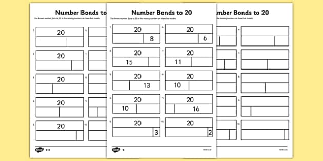 Bar Modeling Number Bonds To 20 Differentiated Worksheet Worksheet Pack