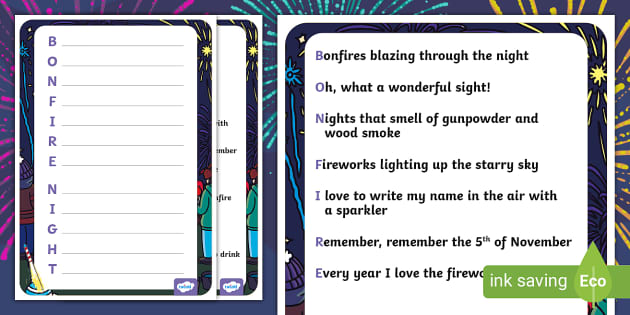 Bonfire Night Acrostic Poem Example (Teacher-Made) - Twinkl