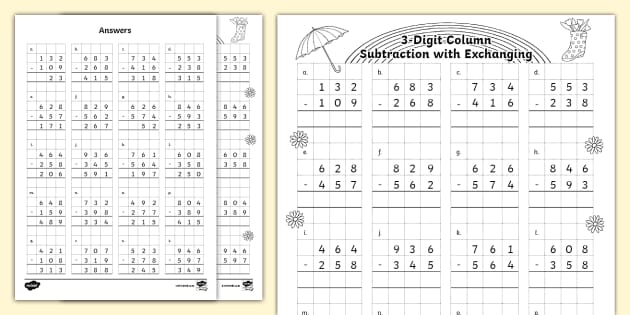 Spring 3-Digit Column Subtraction Exchanging Squared Paper