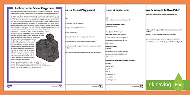 Rubbish on the School Playground Persuasive Reading Comprehension Activity