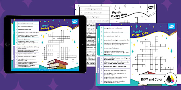 World Poetry Day Crossword for 3rd 5th Grade (teacher made)