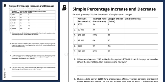 Percentage Increase And Decrease Worksheets With Answers