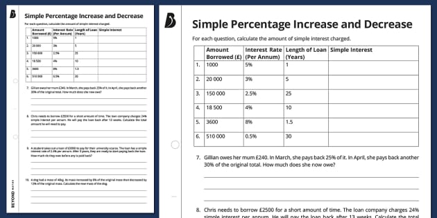 👉 Percentage Increase and Decrease Worksheet with Answers
