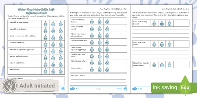 Water Play Meta-Skills Self-Reflection Activity Sheets