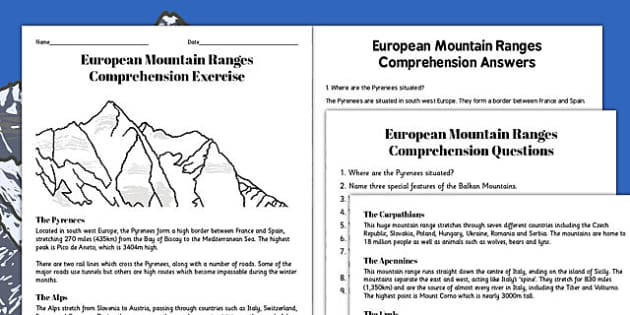 European Mountain Ranges Reading Comprehension Activity - mountains