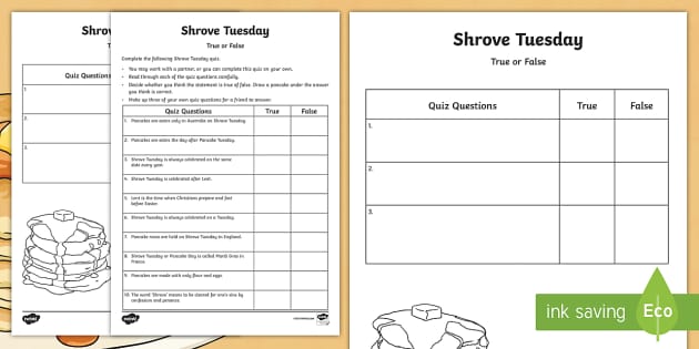 Shrove Tuesday True or False Quiz Worksheet / Worksheet - Australian