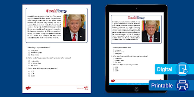 First Grade Donald Trump Reading Passage Comprehension Activity