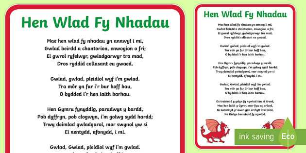 Welsh National Anthem Poster Hen Wlad Fy Nhadau Cymraeg