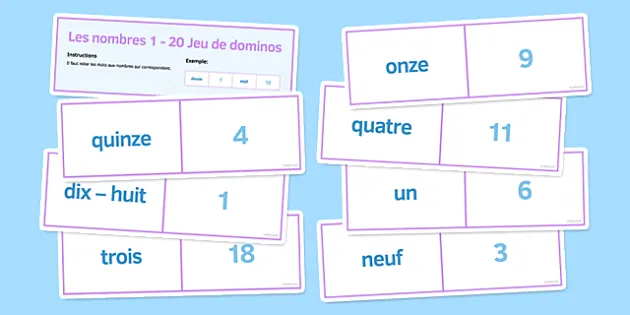 numbers 1 20 dominoes french maths count game match pair work