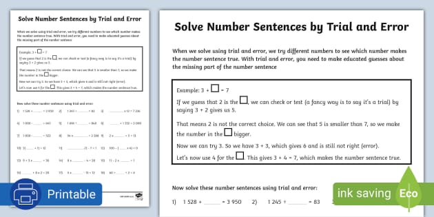 Solve Number Sentences By Trial And Error Activity Sheet