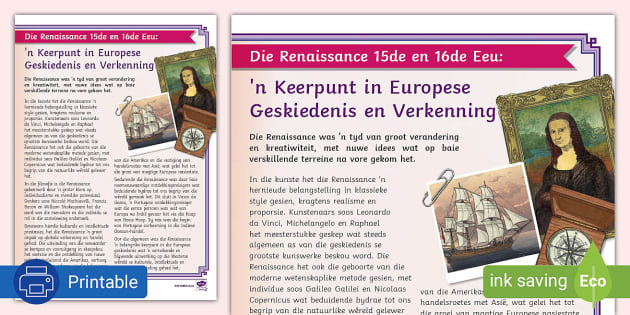 Die Renaissance 15de en 16de Eeu: 'n Keerpunt in Europese Geskiedenis en