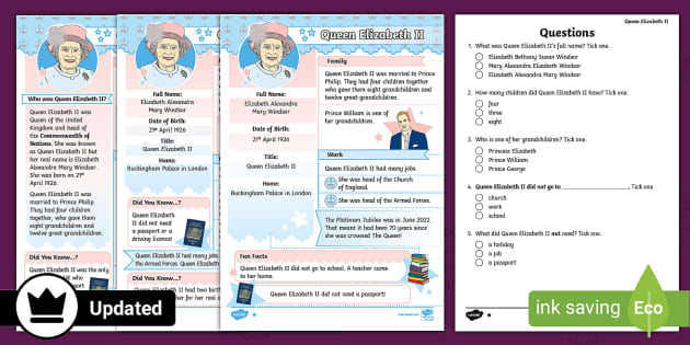 Ks1 Queen Elizabeth Ii Differentiated Reading Comprehension 5641