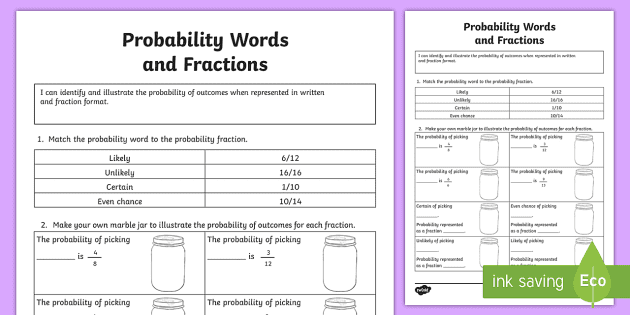 probability words and fractions worksheet worksheet