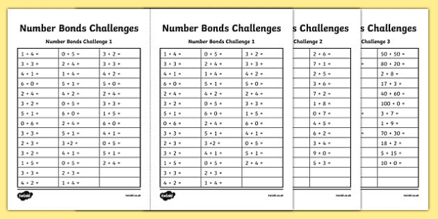 number bond challenge worksheet