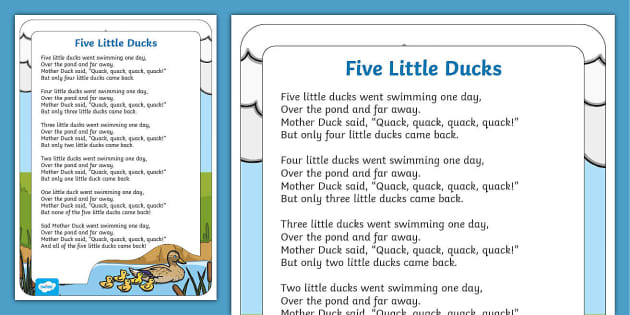Five Little Ducks Words - Nursery Rhyme Lyrics Poster