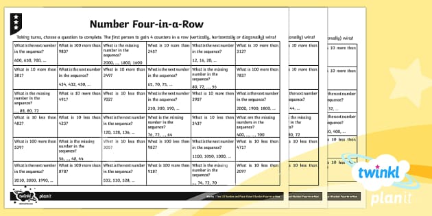 PlanIt Maths Y3 Number and Place Value Number Four-in-a-Row Home Learning