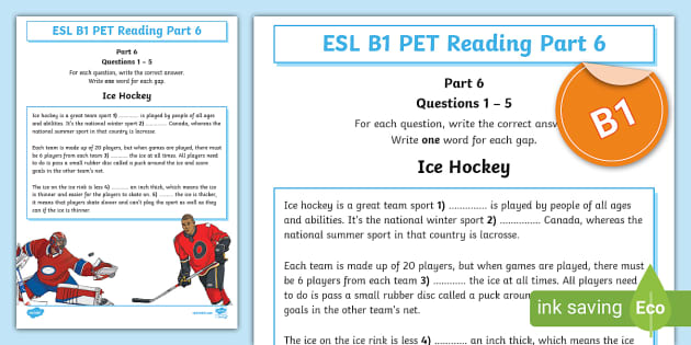 ESL B1 PET Reading Part 6 Worksheet (Hockey) (teacher Made)