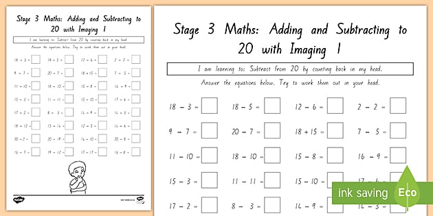 Stage 3 Maths Subtracting from 20 with Imaging 1 Worksheet