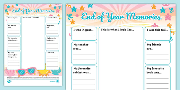 Summer Vibes Themed End of Year Memories Worksheet - Twinkl