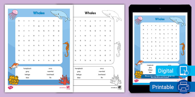 Whales Word Search for K-2nd Grade (teacher made) - Twinkl