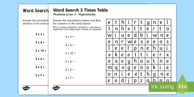 Multiplication 3 Times Tables Word Search Worksheet Worksheet