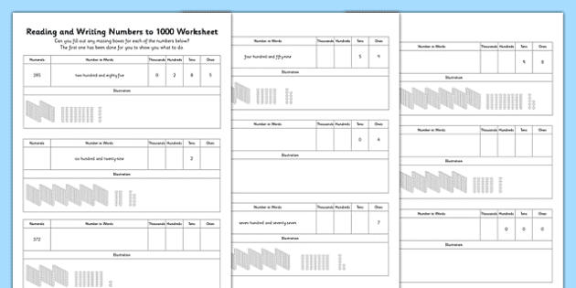 reading and writing numbers to 1000 worksheet