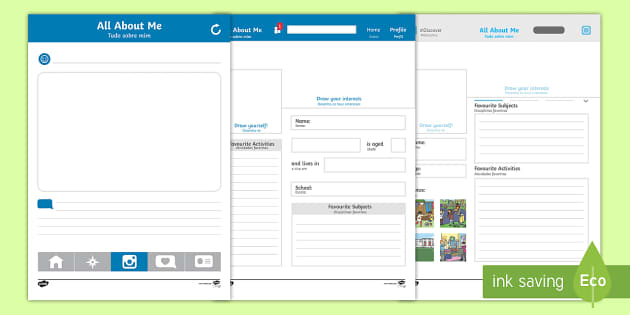 All About Me Social Media Profile Writing Template English/Portuguese