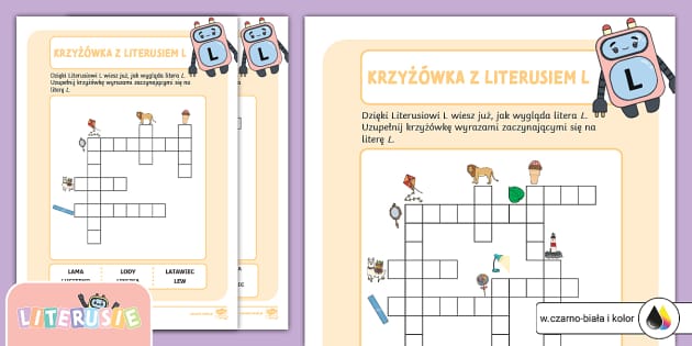 Literusie | Krzyżówka z Literusiem L | Piszemy wyrazy na literę L