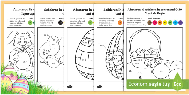 Paște: Adunarea și scăderea în concentrul 0-20 – Colorează după codul numerelor
