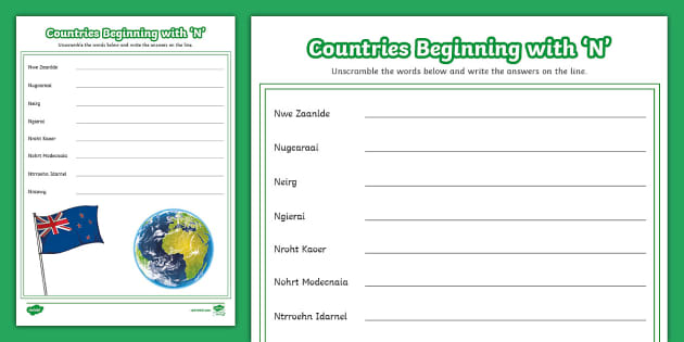 Countries Beginning with 'N' Unscramble Worksheet - Twinkl